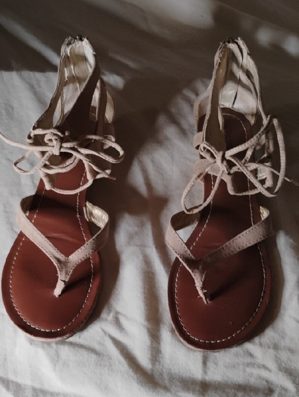 Carlos Santana Boho Lace Up Gladiator Sandals Neutral Strappy Low Wedge Heels - Picture 3 of 15